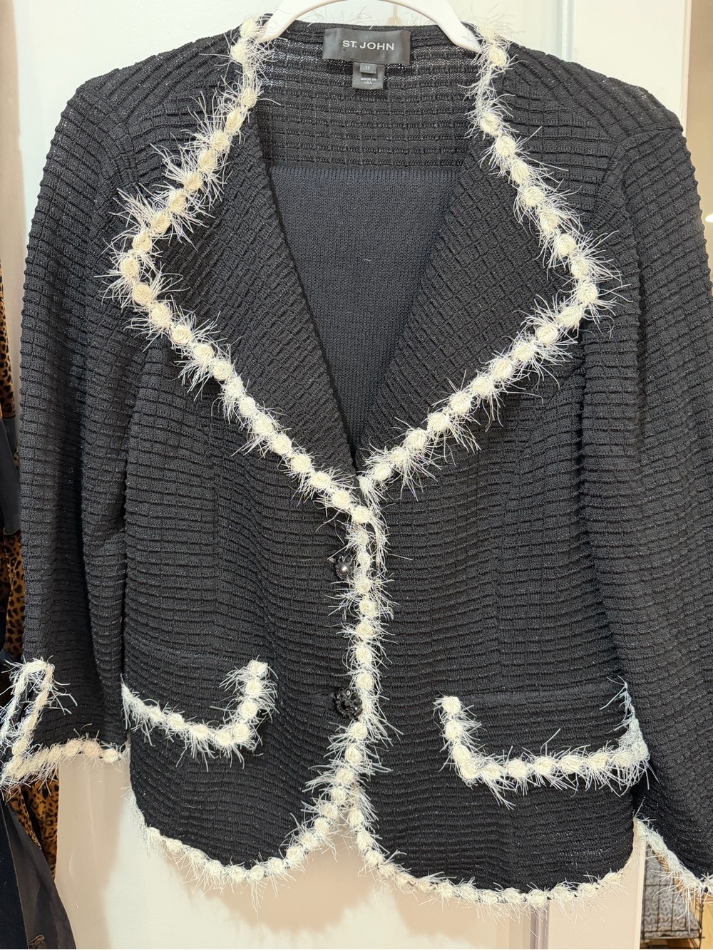 St. John Black Knit skirt suit with Cream Fringed Trim
